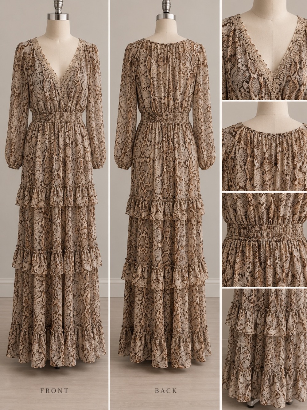 Jessica Simpson Beige Snake-Print Tiered Maxi Dress with Ruffles